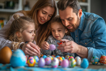 Loving family marvels at the vibrant easter eggs with their toddler and baby, dressed in colorful clothing, playing with a ball indoors
