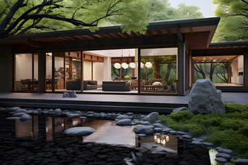 modern retreat with a zen garden and sliding glass doors