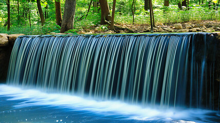 Tranquil Waterfall in Nature, Flowing River in Lush Forest, Peaceful Outdoor Escape
