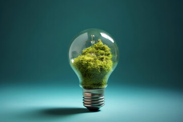 Eco-friendly innovation shines as an organic light bulb encased in lush moss brings nature and sustainability to life..A brilliant blend of technology and nature