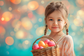 Fototapeta na wymiar Young girl proudly holds a colorful easter basket filled with delicate eggs, radiating pure joy and innocence in her adorable toddler portrait
