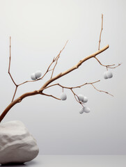 Obraz premium Natural background podium for cosmetic products created from wood, bark and stones on grey background.