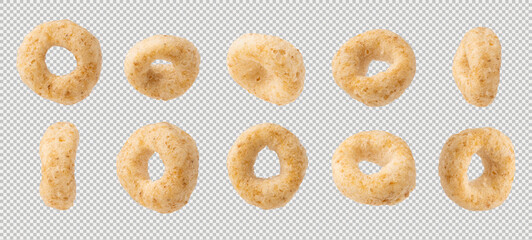 Set of Corn rings isolated on checkered background, high resolution detail macro shot with focus stacking composed of several images. Rings are photographed in different positions.