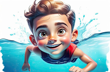 cute little kid boy swim under water on summer holiday