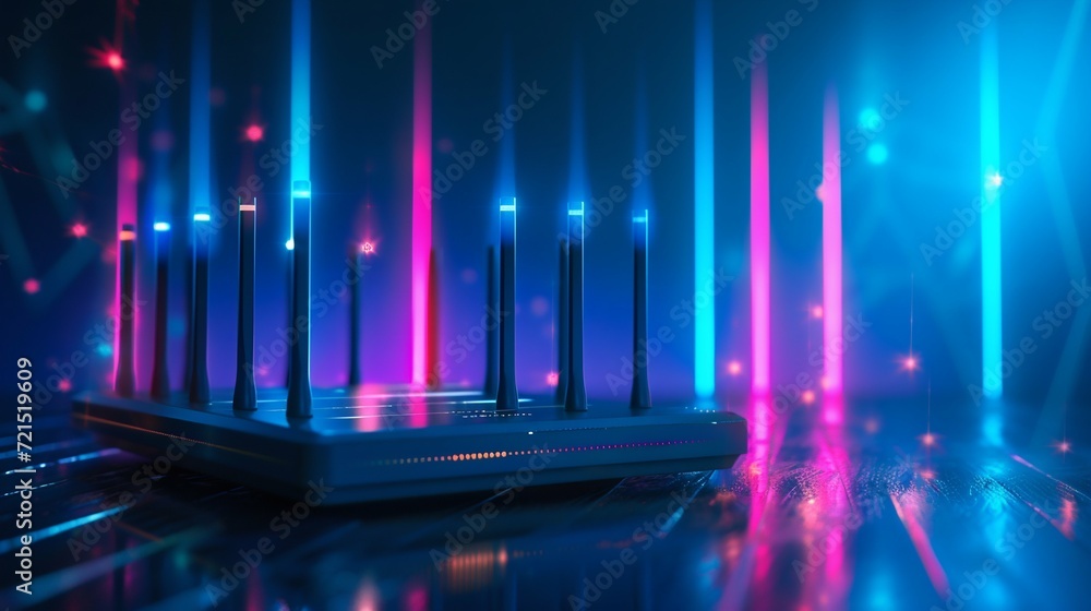 Poster futuristic high-speed network router with glowing lights. generative ai