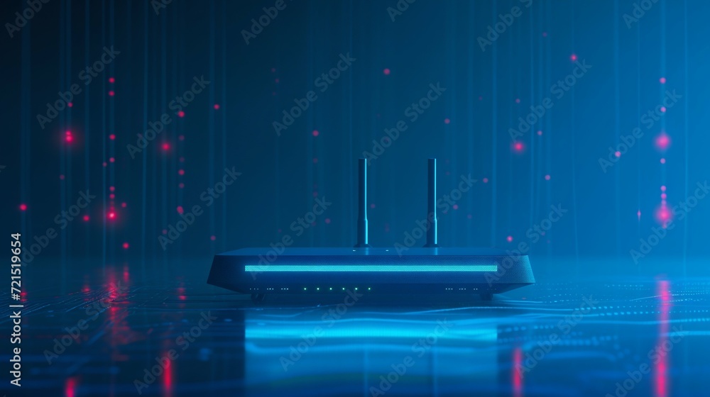 Poster futuristic high-speed network router with glowing lights. generative ai