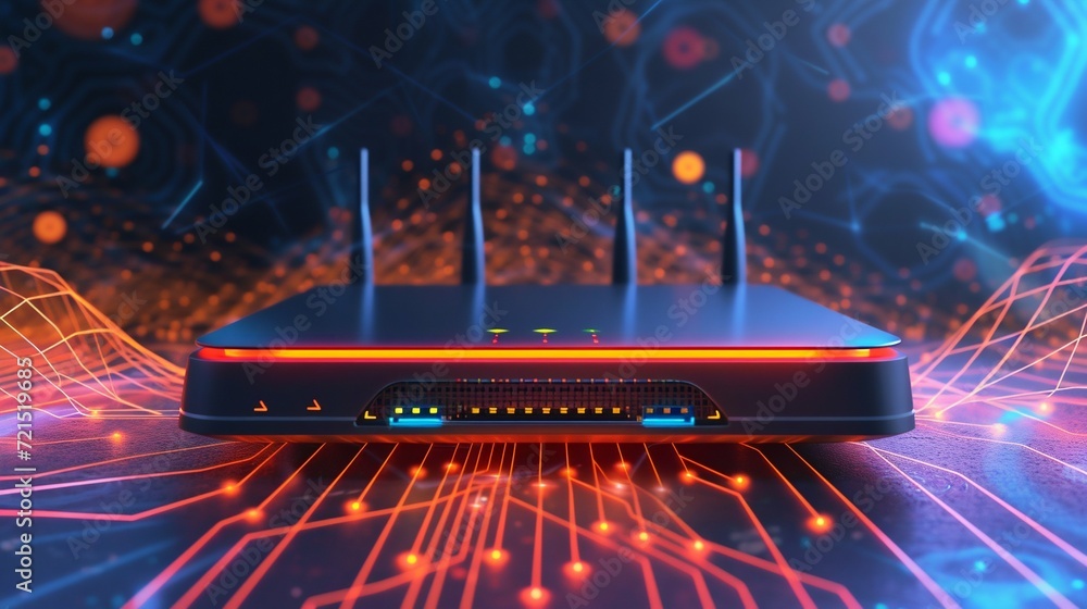 Poster futuristic high-speed network router with glowing lights. generative ai