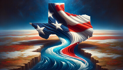 A vibrant image of the American flag with a map of Texas seamlessly integrated into the stripes, showcasing the state's geography in detail and artistically. American flag with a map of Texas close-up