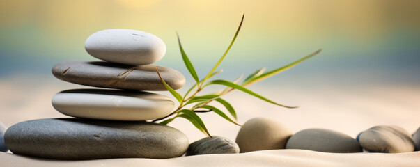 Obraz na płótnie Canvas Stacked zen stones sand background art of balance concept banner