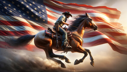 A dynamic scene of a cowboy riding a galloping horse with a large waving American flag in the background. Cowboy in traditional clothing, including hat and boots.