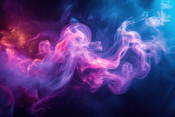 abstract colorful smoke background, banner.  Ethereal wisps of smoke in magenta and indigo curl fluidly, dotted with celestial dust that glitters in the ether.. - obrazy, fototapety, plakaty