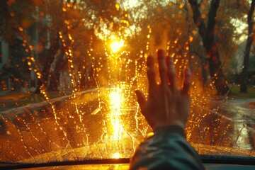 A person reaches out of a car window, their hand lit up by the amber glow of a nearby fire, as they bask in the heat and light of the yellow outdoor world, surrounded by trees