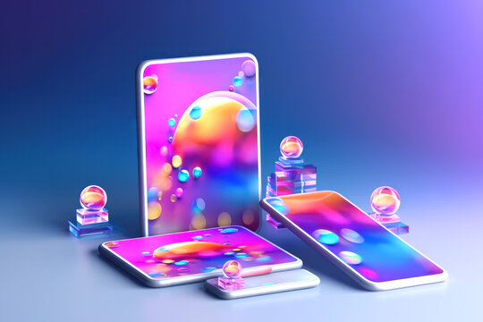 Mockups of tablets and mobile phones with with crystal figures on a purple background. Created using generative AI.
