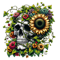 Skull and floral, flowers and plants interlace with the stark bone structure, PNG Transpatrent, Tattoo and Texture