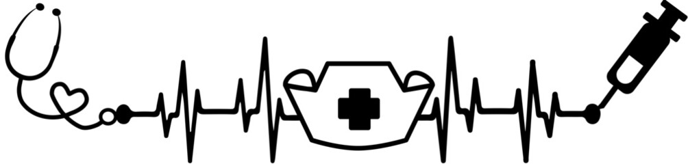 Heartbeat Nurse, stethoscope, string, medicine and hospital vector graphics, cure, take care of the patient with love, save life - obrazy, fototapety, plakaty