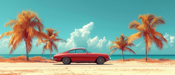 A vibrant red car rests against the backdrop of a serene beach, its wheels grounded on the sandy shore as palm trees sway against the vast sky above