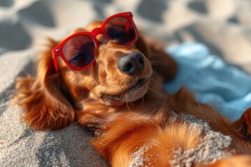 A stylish dachshund enjoys the sun and sand with its cool shades, lounging on the beach like a true beach bum