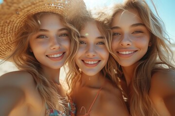 Fototapeta premium A joyful group of fashionable ladies with sun hats and long hair strike a pose for a fun outdoor selfie, radiating happiness and summer vibes at the beach