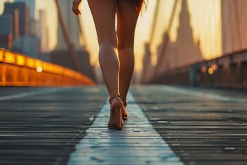Confident Woman Walking on Urban Bridge at Sunset. Generative ai - obrazy, fototapety, plakaty