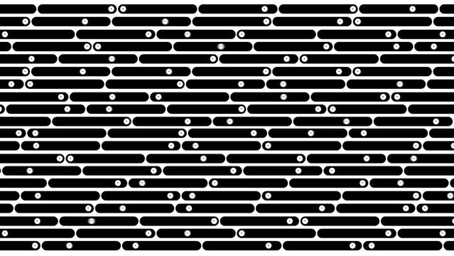 looping black and white animation with moving black bars and white ball with black dot inside. They move together to left side. Abstract trendy background