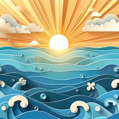 Fototapeta na wymiar Summer sunlight sea the hottest season water waves paper craft style, Generative Ai