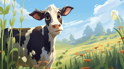 Fotobehang Portrait of a cow in her natural habitat in cartoon style © patternforstock