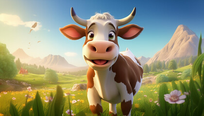 Portrait of a cow in her natural habitat in cartoon style