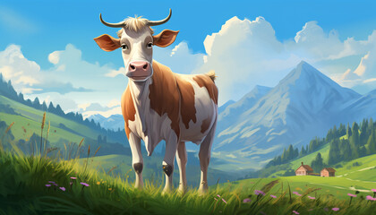 Fototapeta na wymiar Portrait of a cow in her natural habitat in cartoon style