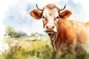 Portrait of a cow in her natural habitat in cartoon style - obrazy, fototapety, plakaty