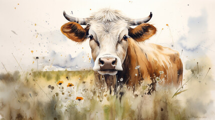 Portrait of a cow in her natural habitat in cartoon style - obrazy, fototapety, plakaty