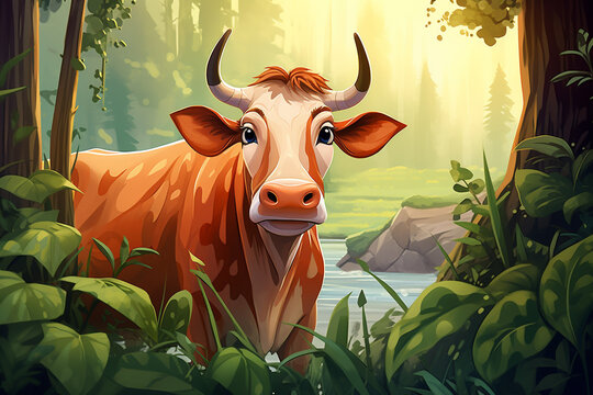 Portrait of a cow in her natural habitat in cartoon style