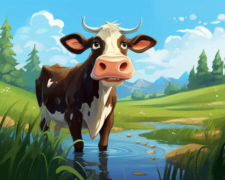 Portrait of a cow in her natural habitat in cartoon style