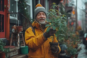 A man, bundled in a bright yellow coat, stands outside his house holding a vibrant orange plant, braving the winter rain with determination and love for his leafy companion