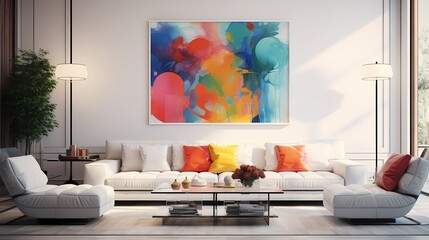 A minimalist living room design boasting a white modular sofa, a glass coffee table, and a statement piece of artwork adorning the wall in bold, vivid colors.