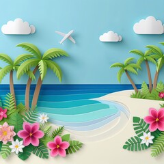 Summer sunlight sea the hottest season water waves paper craft style, Generative Ai