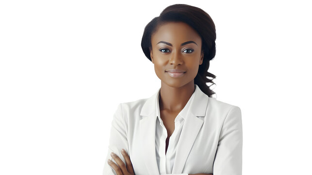 Close-up photo of african american or black business woman in suit without background