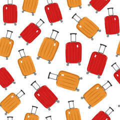 Seamless pattern. Travel suitcase, icon isolated on white isolated background. Tourism, recreation. Bag with handle, wheels and retractable handle for travel, business trips or summer holidays. 