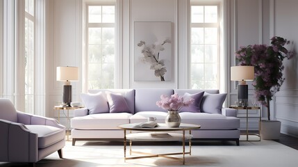 A serene living room with a lavender couch complemented by soft, neutral-toned furnishings and an abundance of natural light pouring in from large windows.