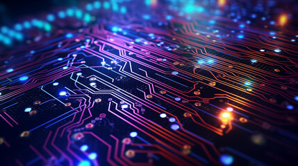Digital circuit board with neon traces and interconnected connections in color