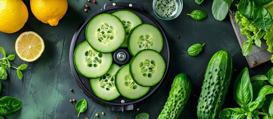Top View of Vibrant Cucumbers on Food Scale - Fresh Vegetables for Healthy Eating
