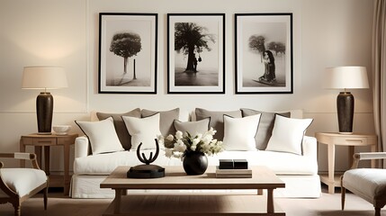 Fototapeta na wymiar A serene living space with a cream-colored loveseat, a wooden coffee table, and a gallery wall showcasing black and white photography, creating a timeless elegance.