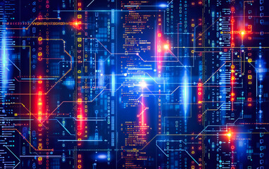 Fototapeta premium Digital Circuit and Cyber Security, Blue and Green Energy Lines, Futuristic Technology Network