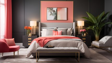 A stylishly modern bedroom featuring a sleek, gray upholstered bed against a backdrop of vibrant coral walls and metallic gold accents, exuding contemporary sophistication.