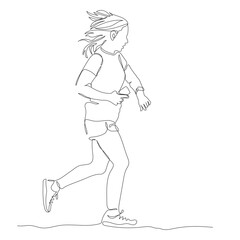 Woman jogging and checking her smart watch. Holding mobile phone. Continuous line drawing. Hand drawn vector illustration in line art style.