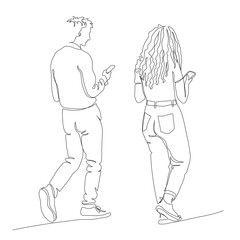 Young couple walking and using phones. Addiction. Rear view. Continuous line drawing. Hand drawn black and white vector illustration in line art style.