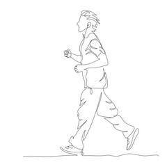 Man jogging. Having wired earphones. Continuous line drawing. Hand drawn black and white illustration in line art style.