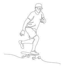 Man skateboarding. Wear gloves, cap, glasses. Continuous line drawing. Black and white vector illustration in line art style.