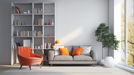 A modern living room featuring a bright orange armchair paired with a minimalist white bookshelf and a clean-lined gray sectional, creating a fresh and inviting space.