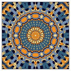 Multi-colored pattern with concentric fantasy patterns. Decorative item for neckerchief, bandana, wall decoration or other design project. Vector illustration
