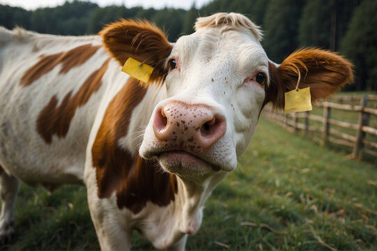 Beautiful cow looking at camera on green pasture.